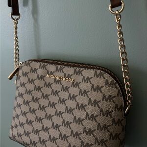 Michael Kors Brown and Gold Crossbody Bag with Monogram Print